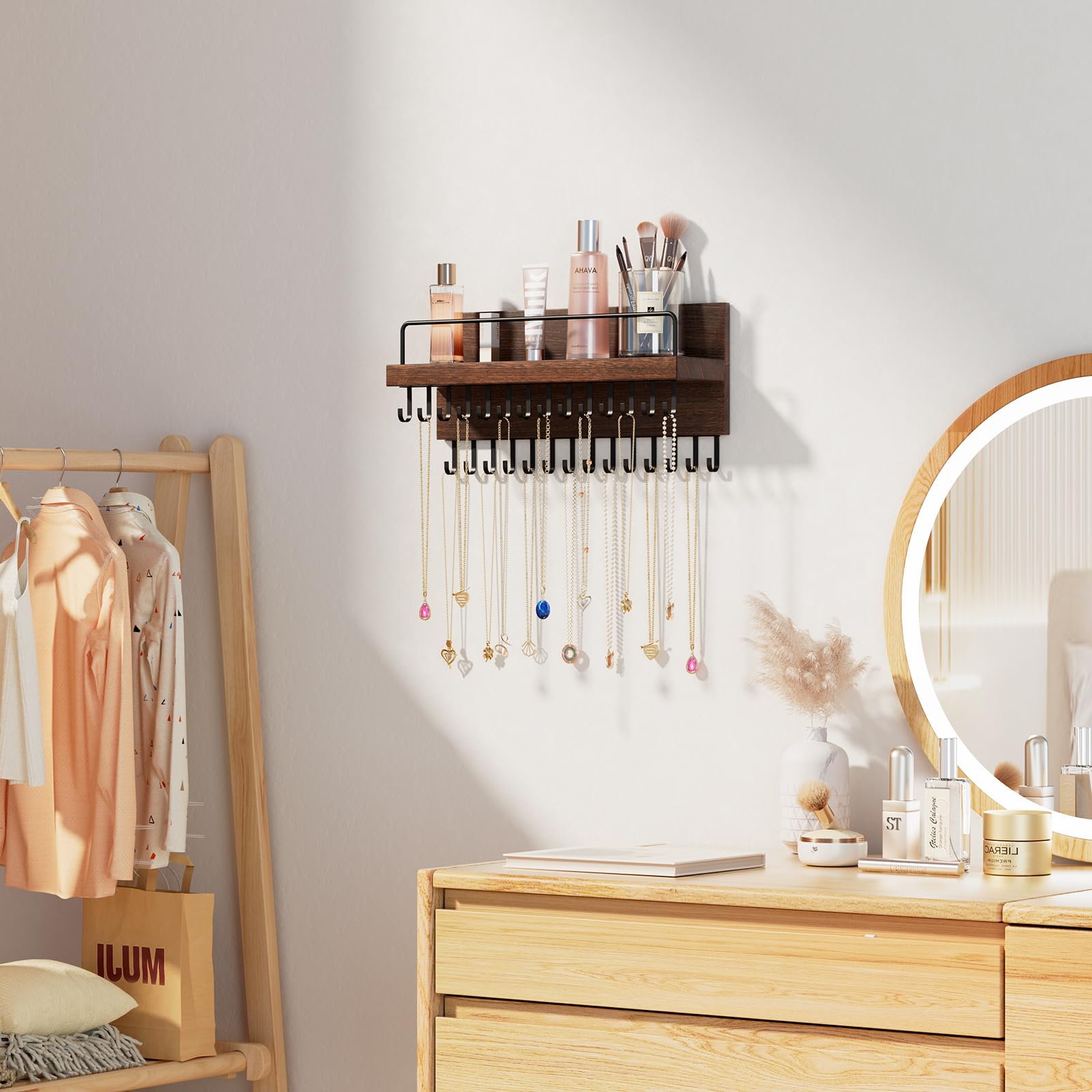 Lolalet wooden jewelry rack with perfume shelf showcases bracelets and necklaces clearly.