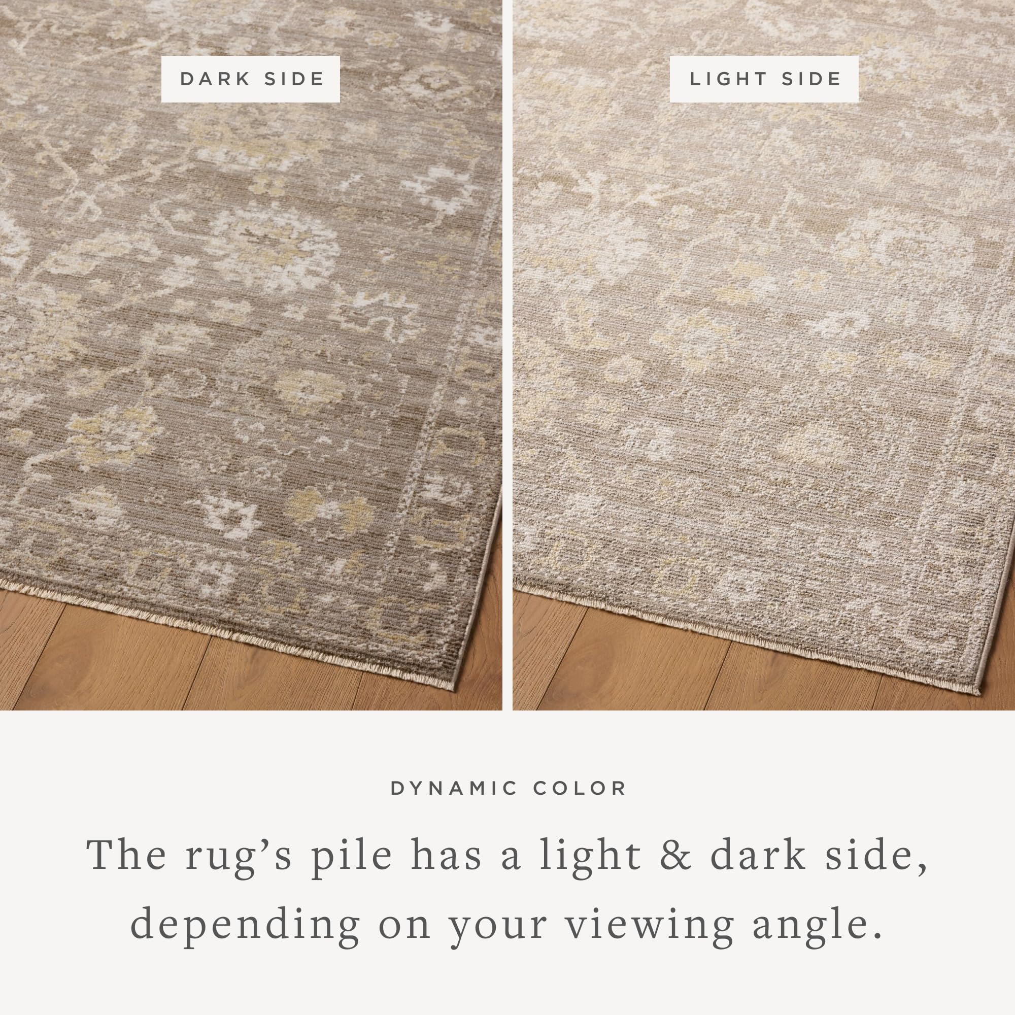 Loloi Magnolia Pace PAC-03 taupe-wheat bedroom ambiance highlights cozy neutrals.