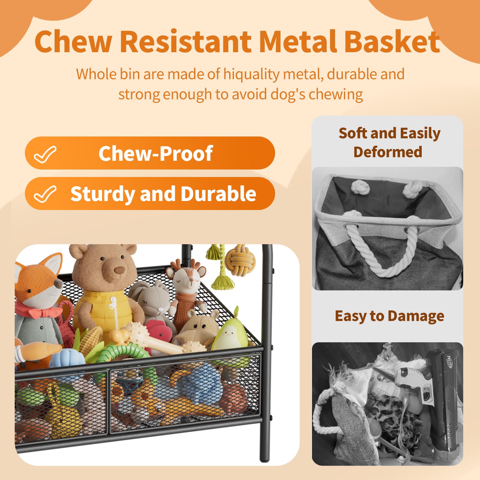 Lomivra full metal dog toy basket side view with sturdy frame