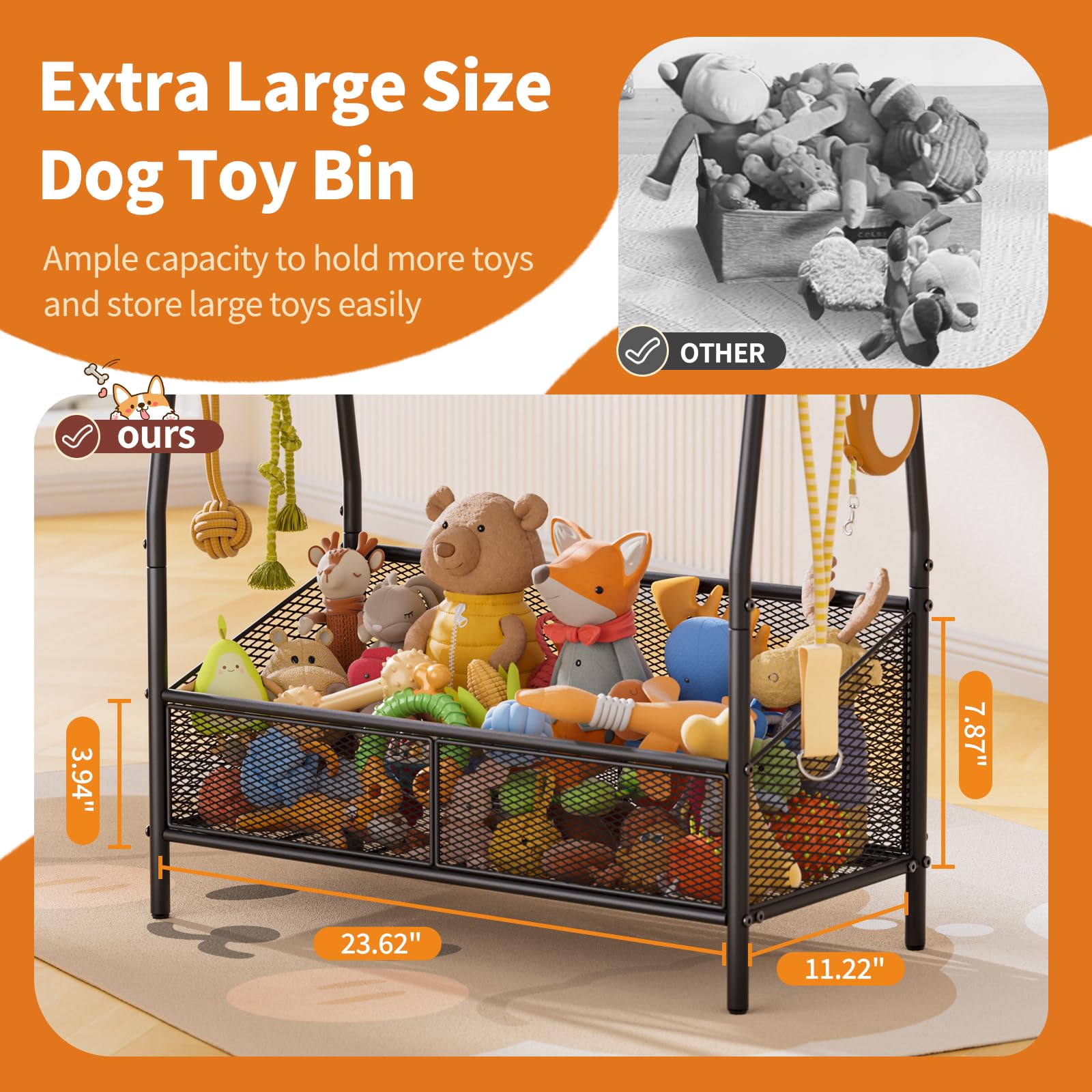 Lomivra full metal dog toy basket top shelf side view offering extra space