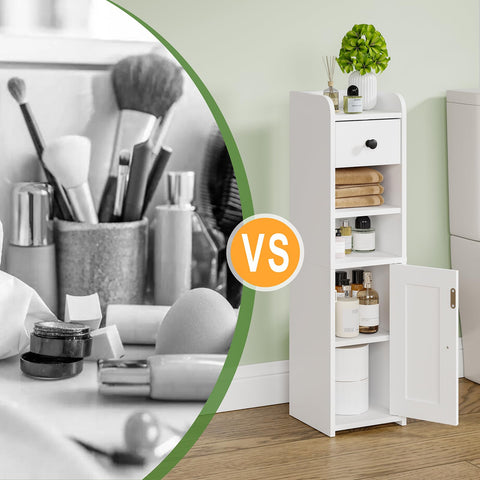 Lomojo compact white cabinet dimensions emphasize slim footprint for small baths.