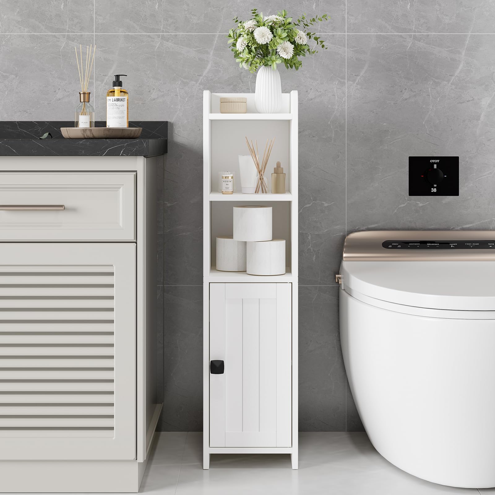 Lomojo narrow floor cabinet in assembly view demonstrates space-saving design.