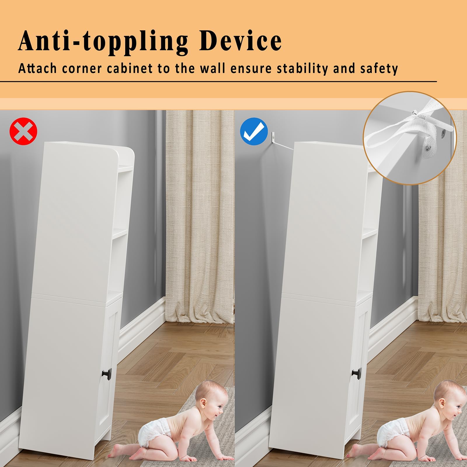 Lomojo slim storage with adjustable inner shelves adapts to tall items.