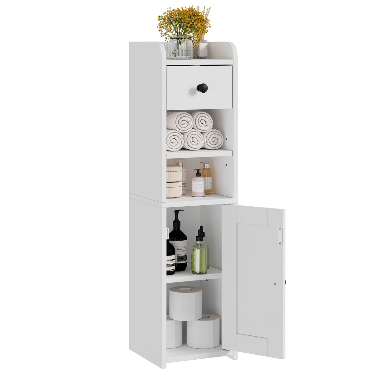 Lomojo Small Bathroom Storage Cabinet front view shows compact, space-saving design.