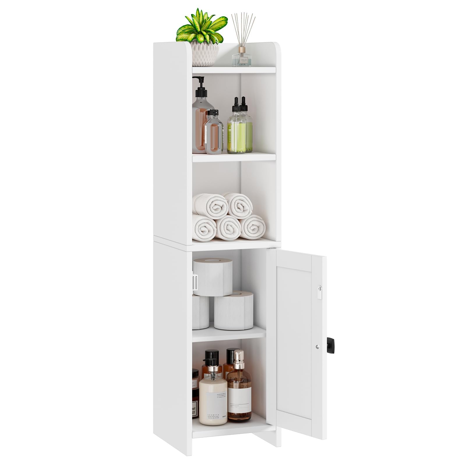 Lomojo small bathroom corner cabinet with door provides clutter-free storage.