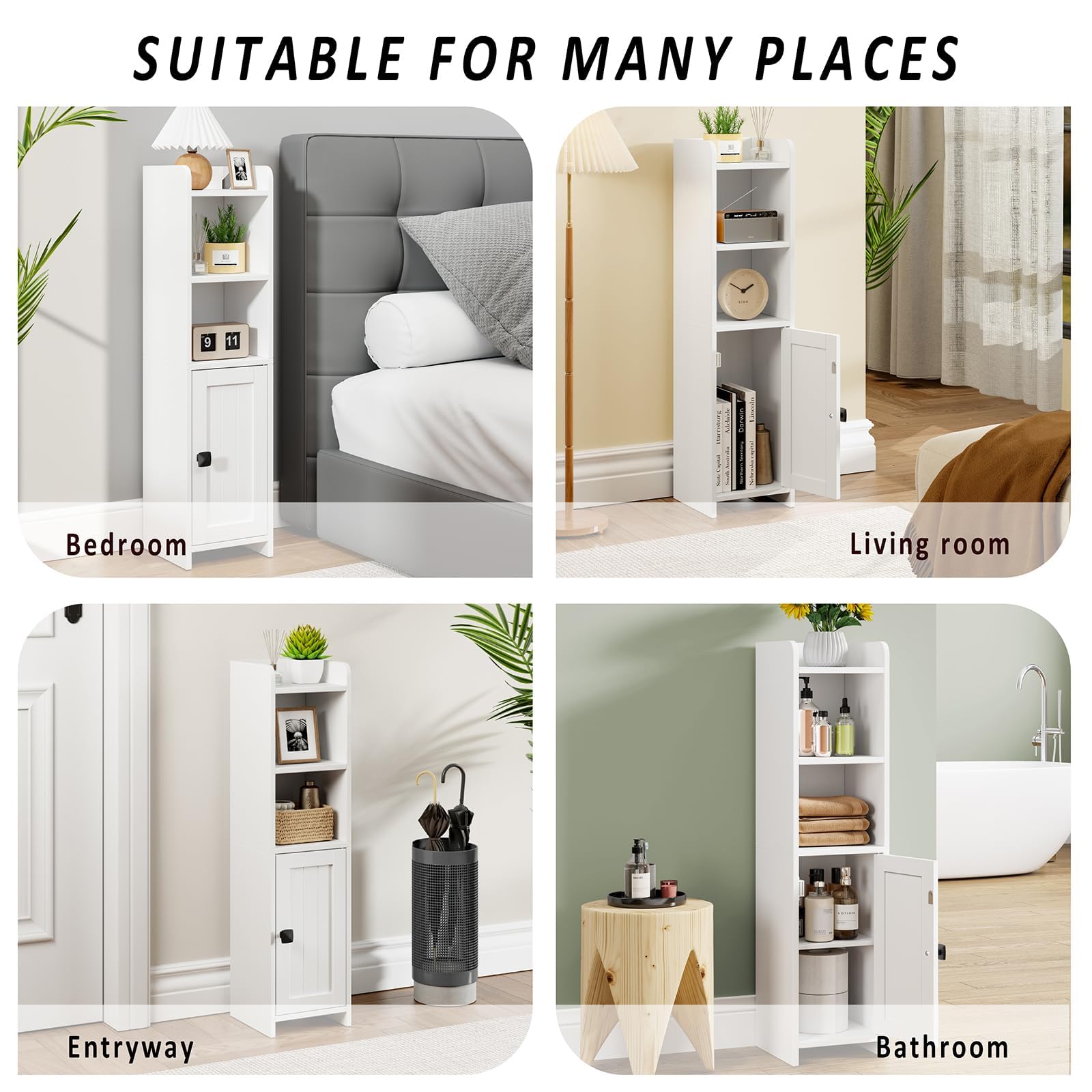 Lomojo white finish cabinet complements modern bathroom decor.