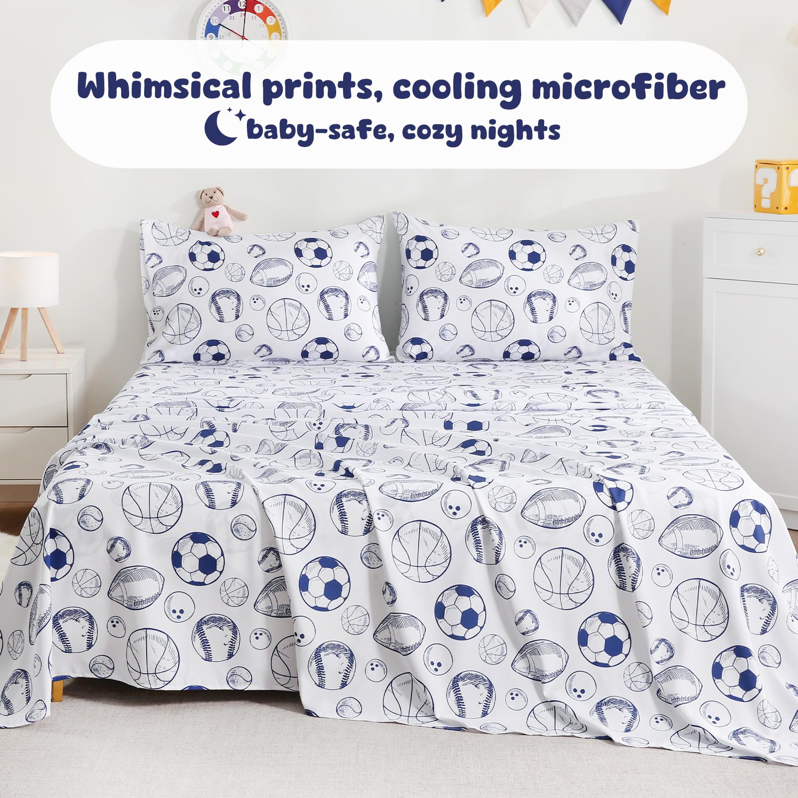 LONAVA pillowcase with ball-sports theme; easy-care daily use.