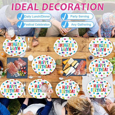Lonfliness party table setup featuring vibrant dots decor for festive events.
