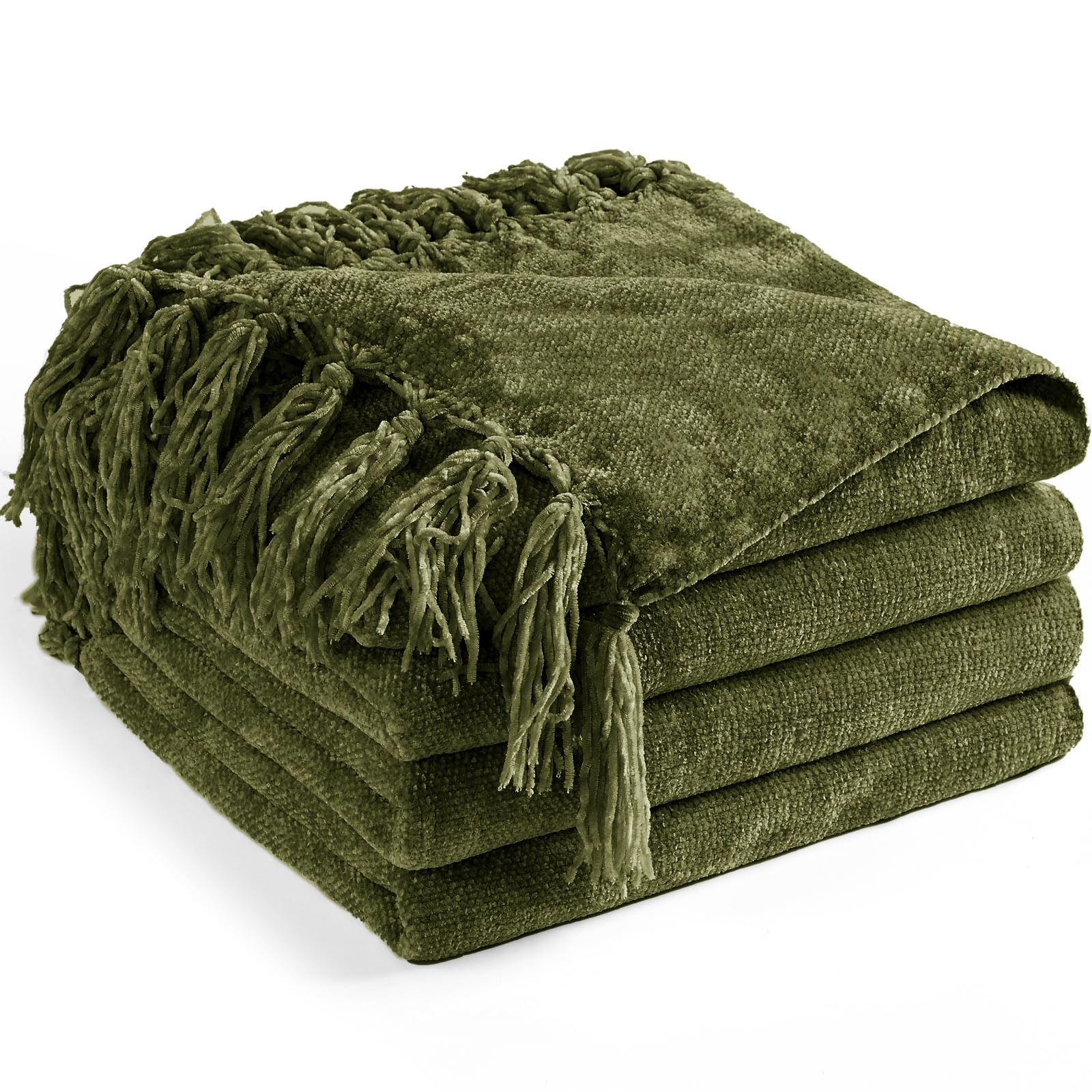 LONG CREATE Chenille throw blanket in olive green for soft couch comfort