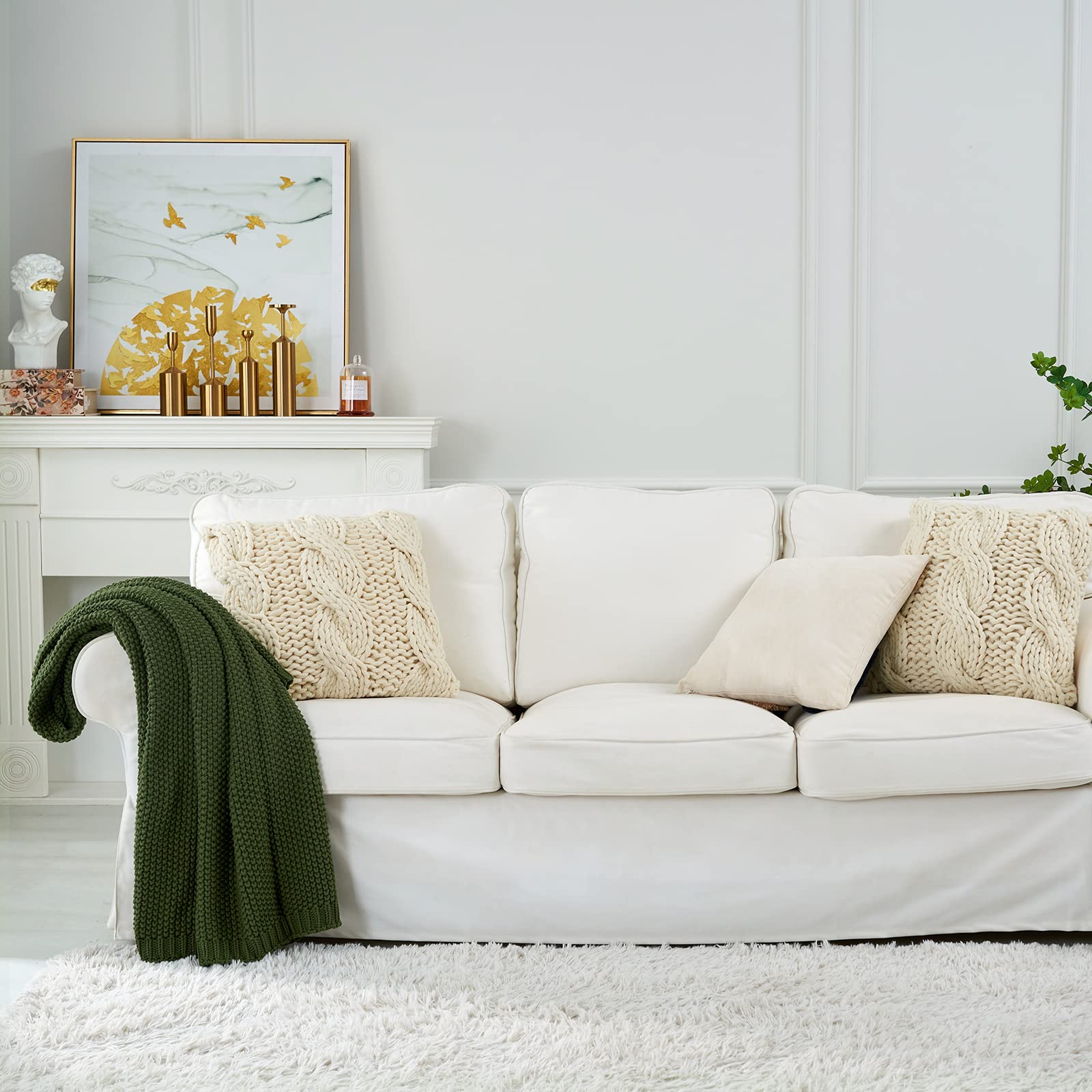 Closeup of Longhui Bedding olive green knit showing soft cotton fibers and chunky texture