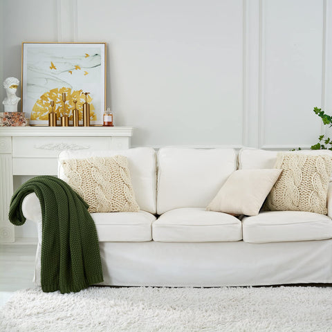 Closeup of Longhui Bedding olive green knit showing soft cotton fibers and chunky texture