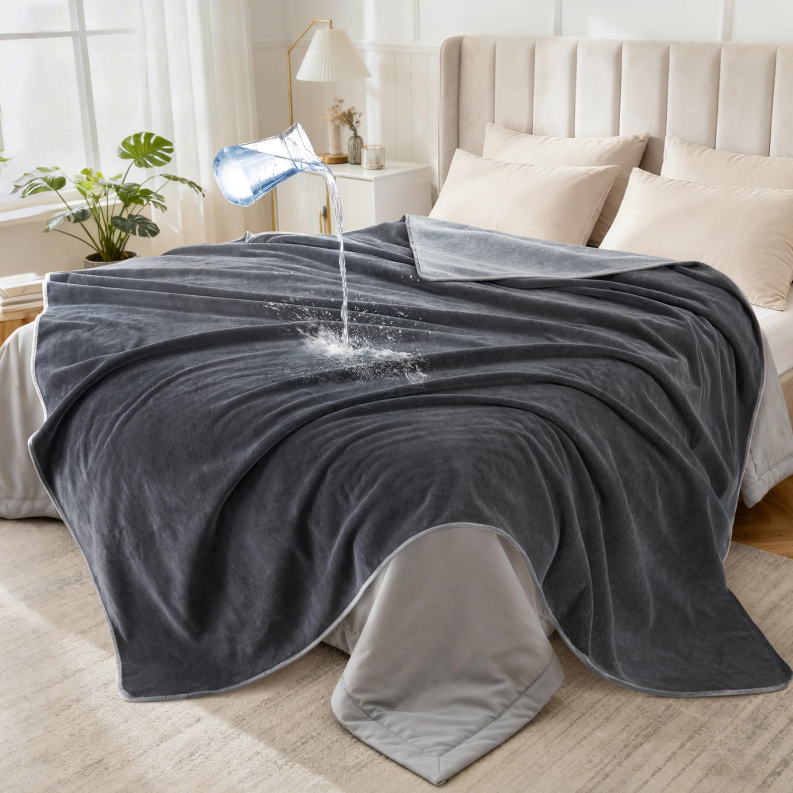 LOOBANI waterproof blanket on bed and couch provides spill protection for furniture.