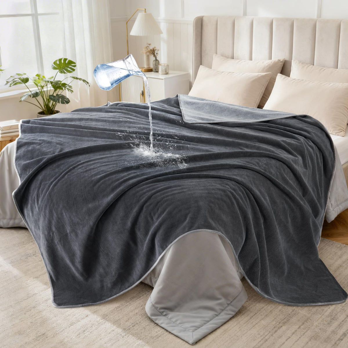 LOOBANI waterproof blanket on bed and couch provides spill protection for furniture.