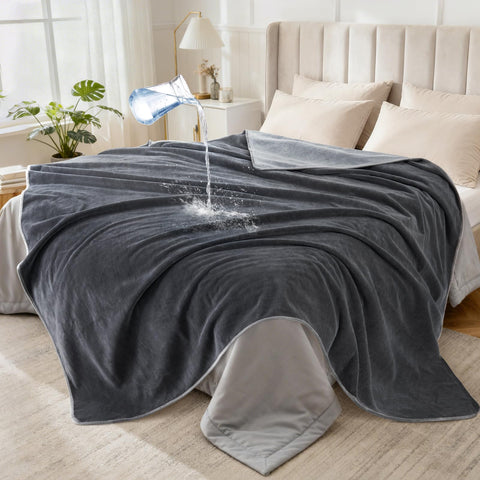 LOOBANI waterproof blanket on bed and couch provides spill protection for furniture.