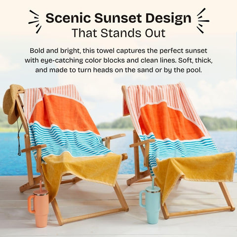Loon & Lake Beach Sunset towel showing sun and waves, ideal for poolside lounging
