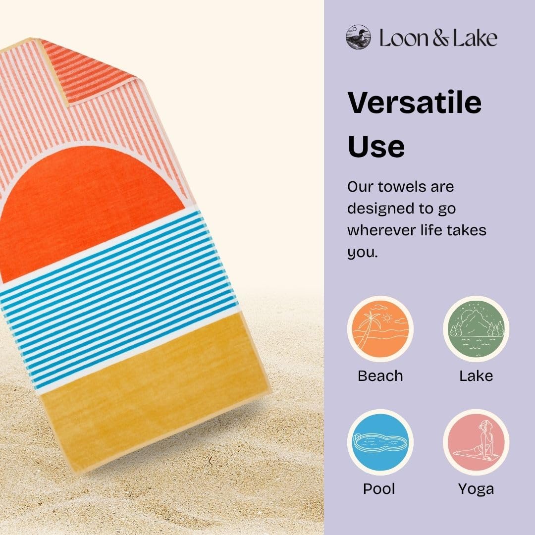 Loon & Lake Beach Sunset towel on a crowded shore for easy spotting