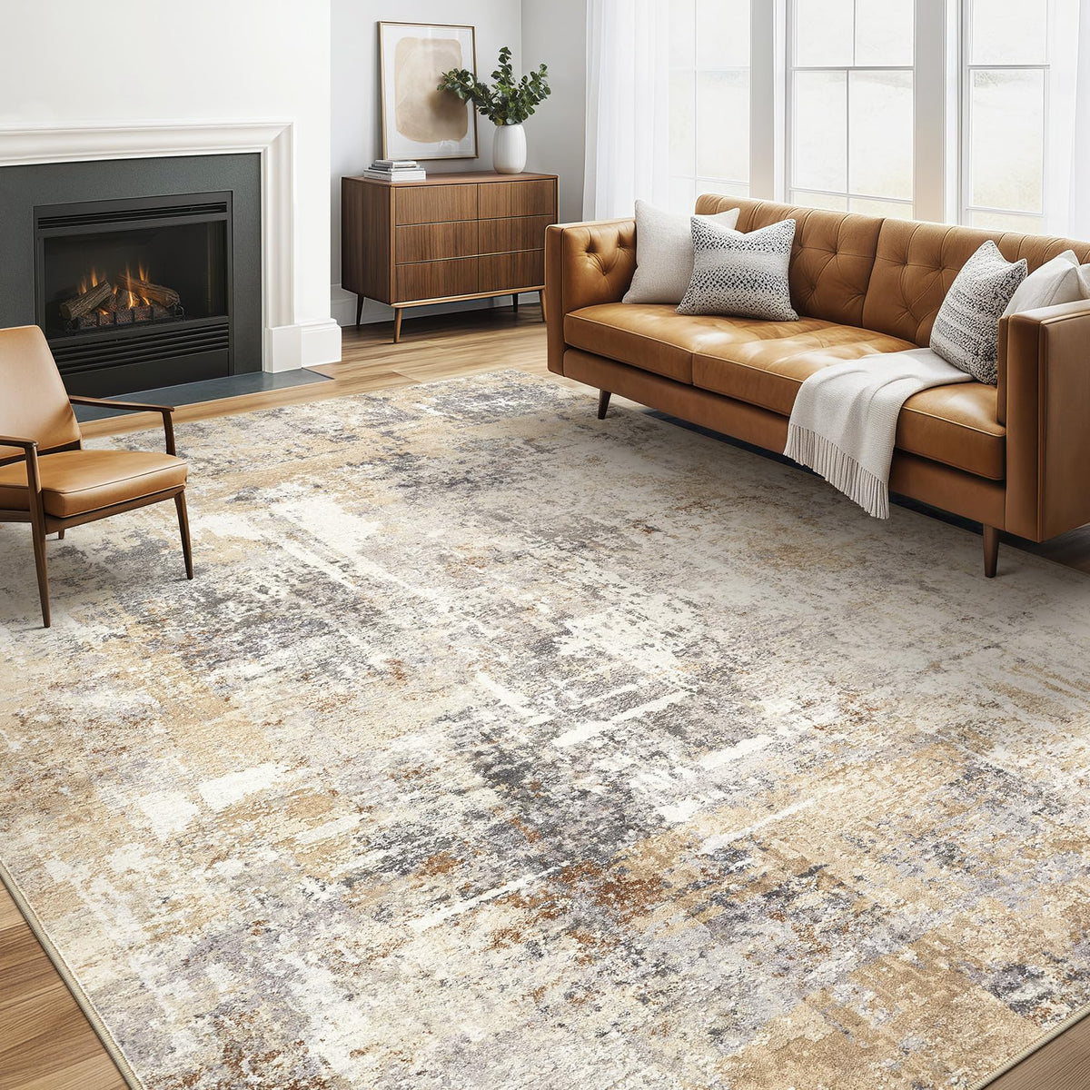 LOONGRUG 6x9 abstract living room rug, gray and gold for modern spaces.