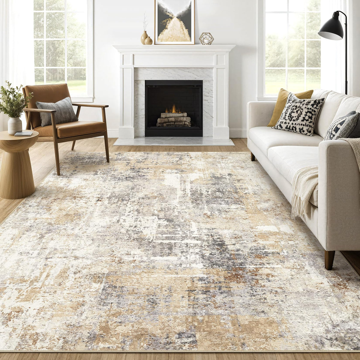 LOONGRUG 8x10 abstract grey-gold rug for living rooms adds style and comfort