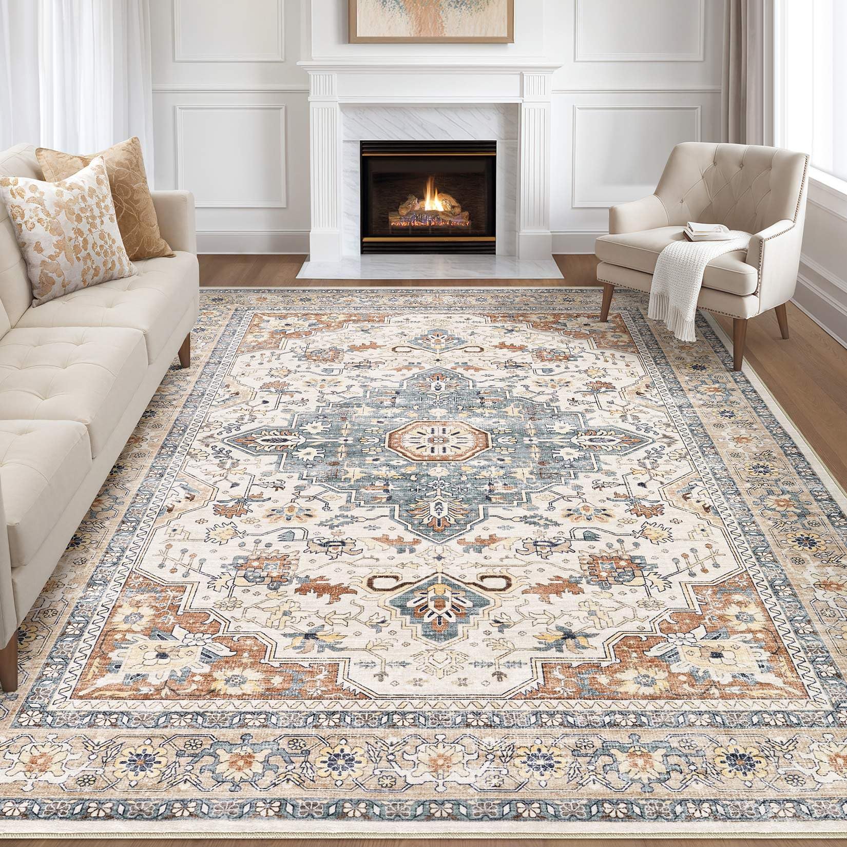LOONGRUG 8x10 area rug with medallion beige-blue for a stylish living room.