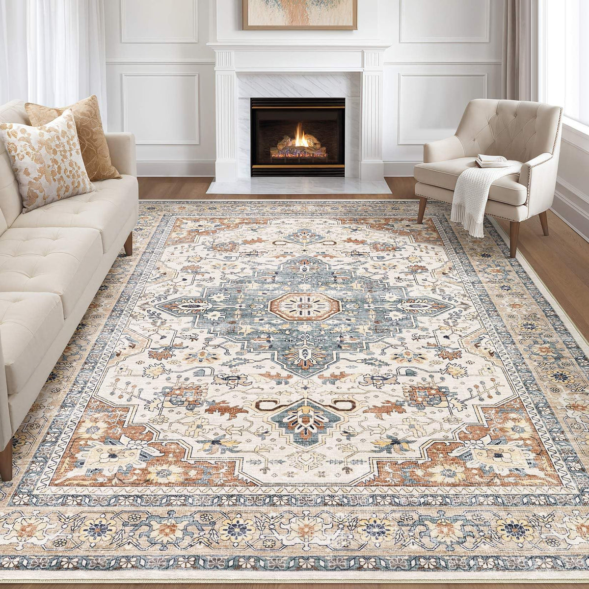 LOONGRUG 8x10 area rug with medallion beige-blue for a stylish living room.