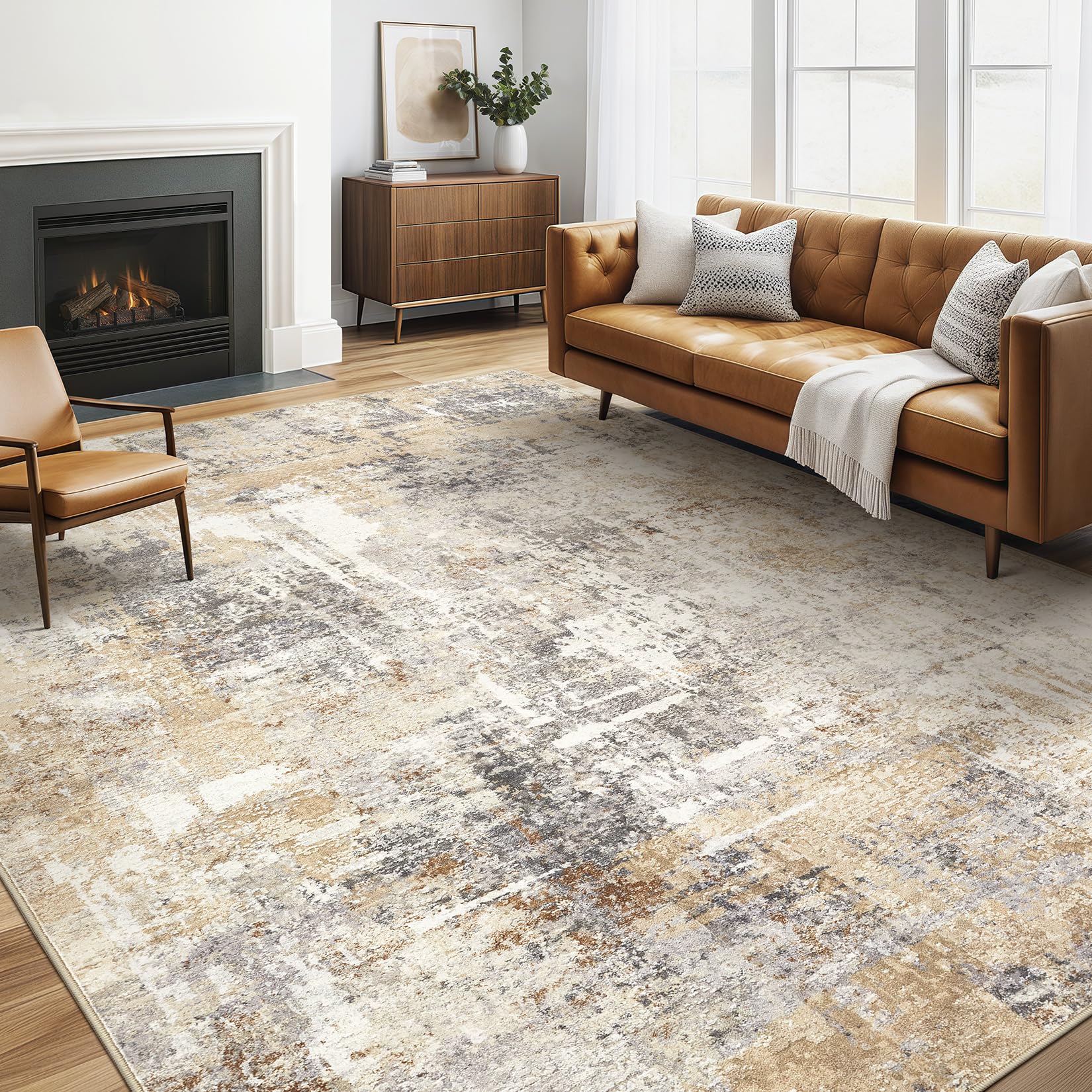 LOONGRUG area rug 5x7 in gray and gold adds modern living room style.