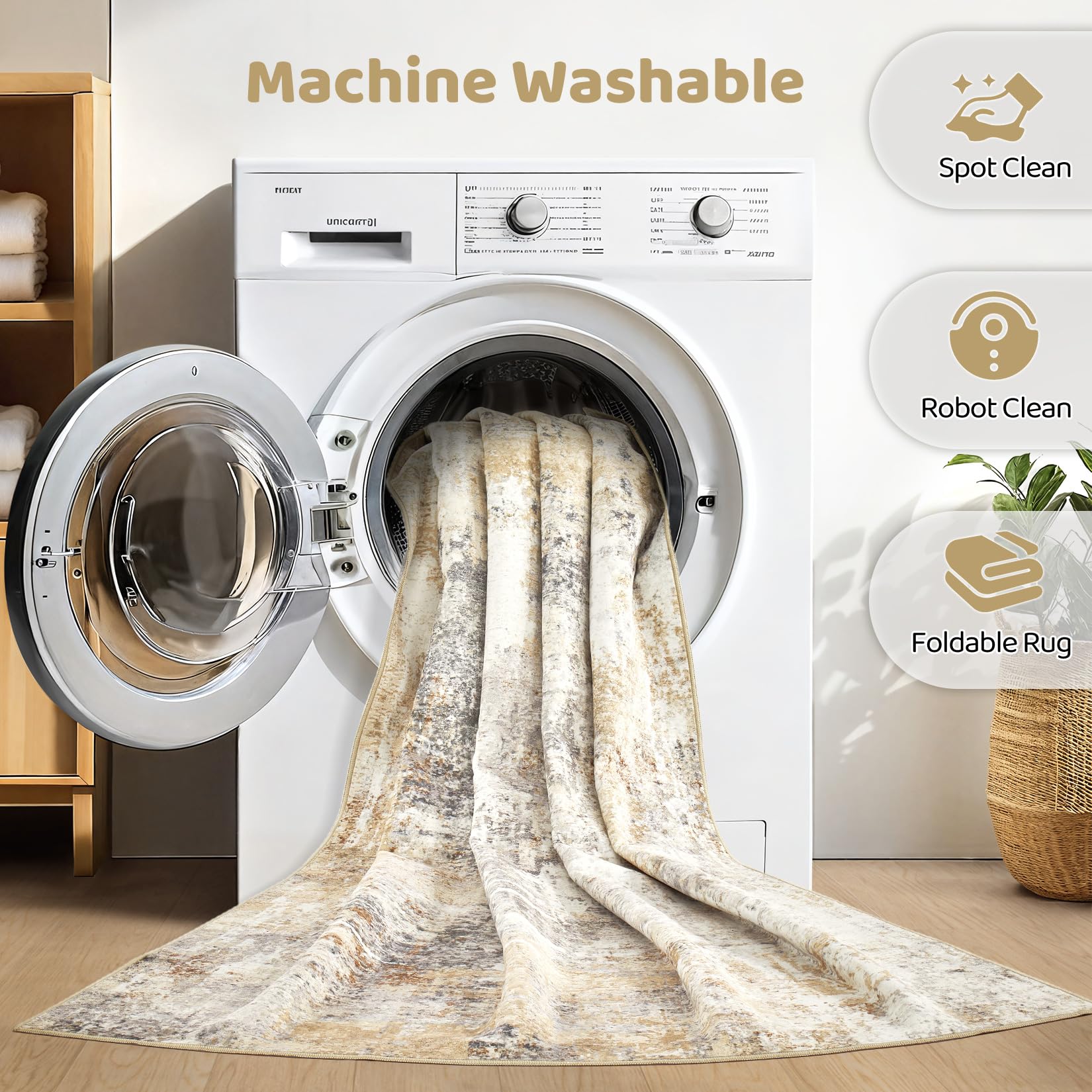 LOONGRUG washable area rug in gray-gold for easy care.