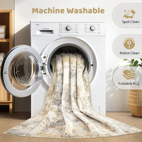 LOONGRUG washable area rug in gray-gold for easy care.