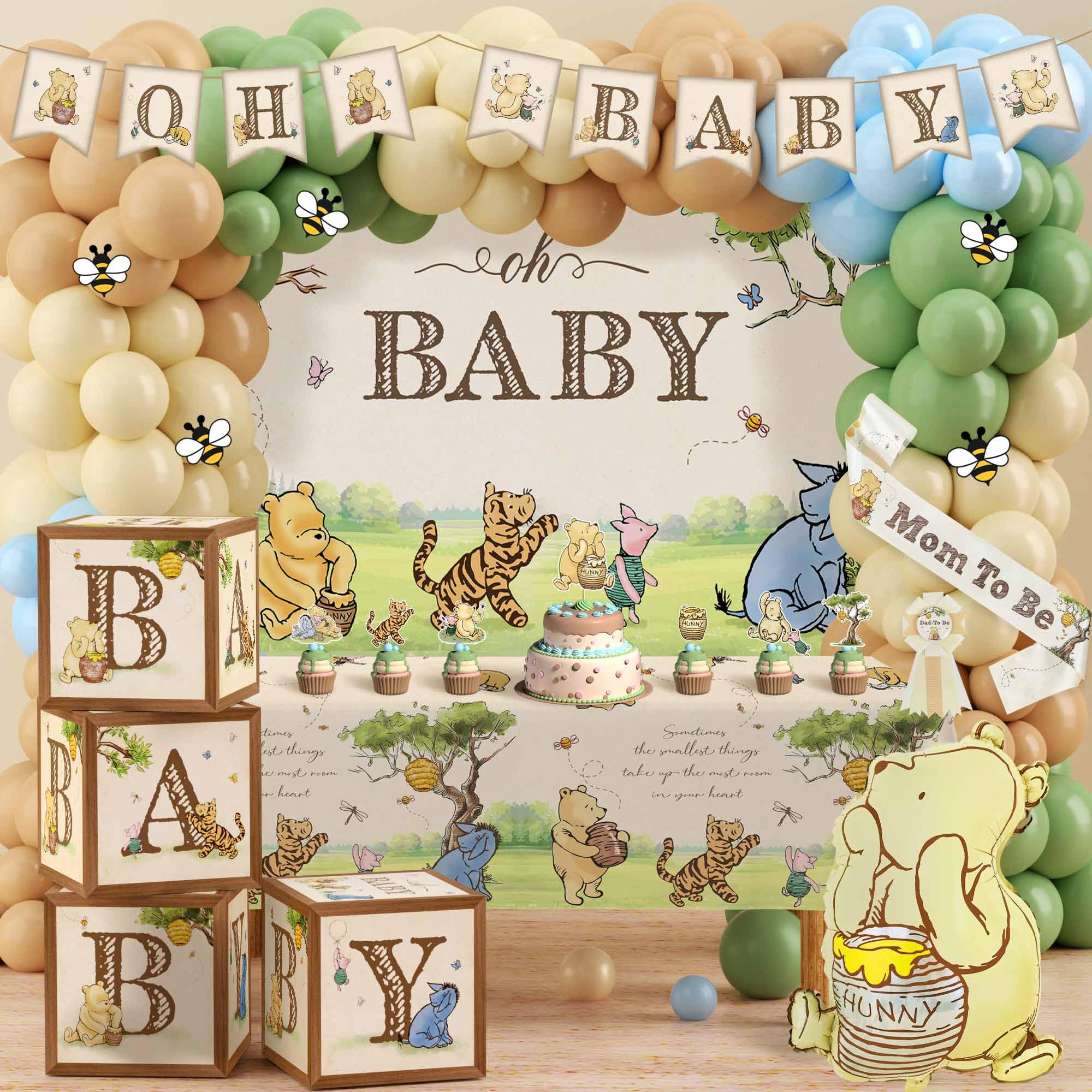 Lopeastar Winnie balloon arch decor enhances baby shower photos with neutral charm.