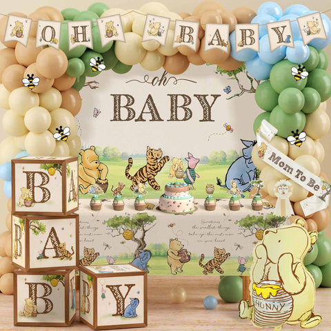 Lopeastar Winnie balloon arch decor enhances baby shower photos with neutral charm.