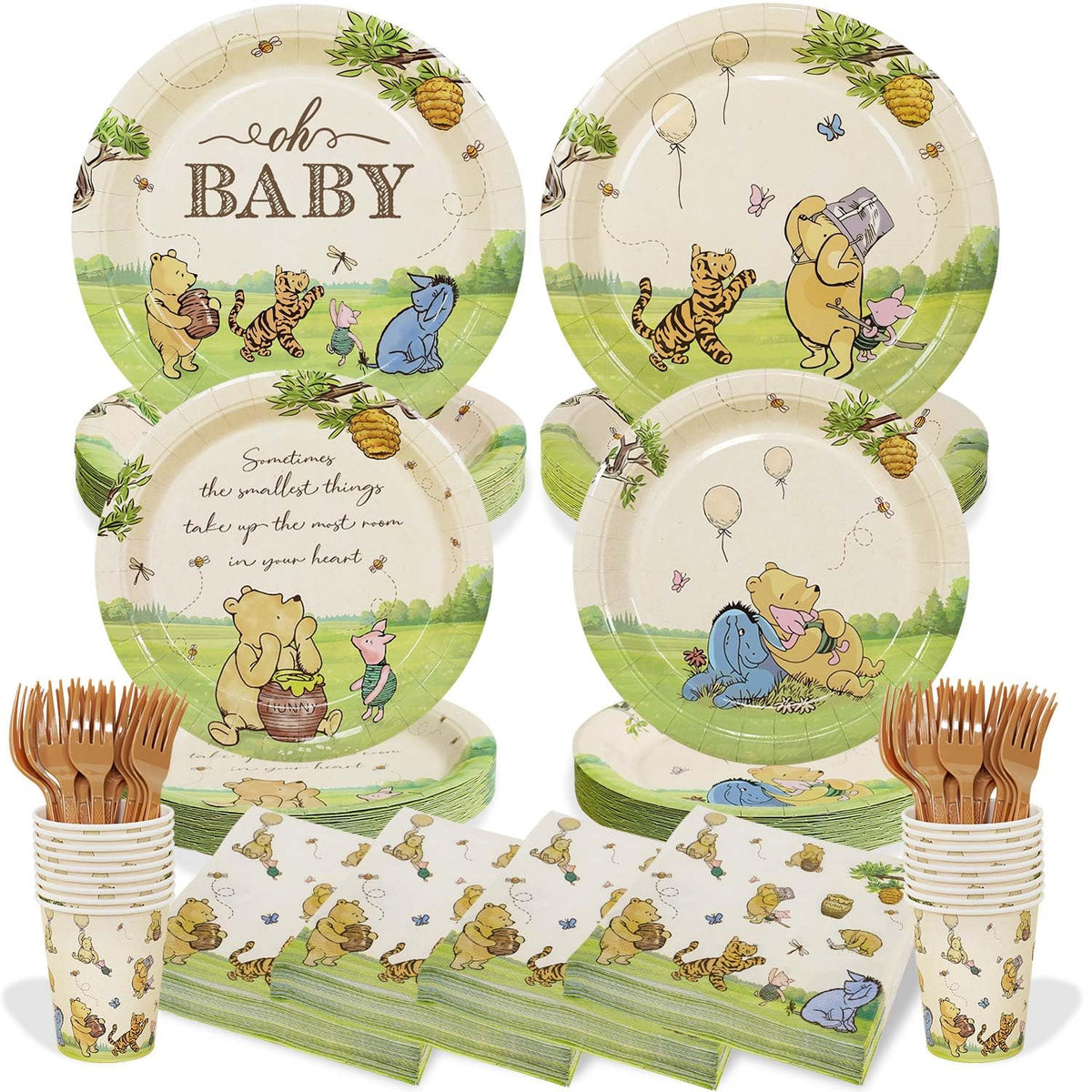 Lopeastar Winnie plates with honey pot art for nostalgic baby shower.