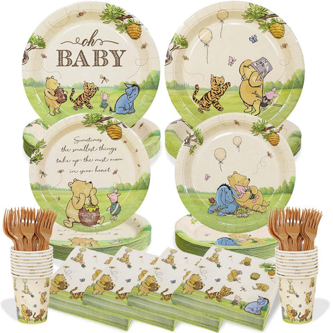 Lopeastar Winnie plates with honey pot art for nostalgic baby shower.
