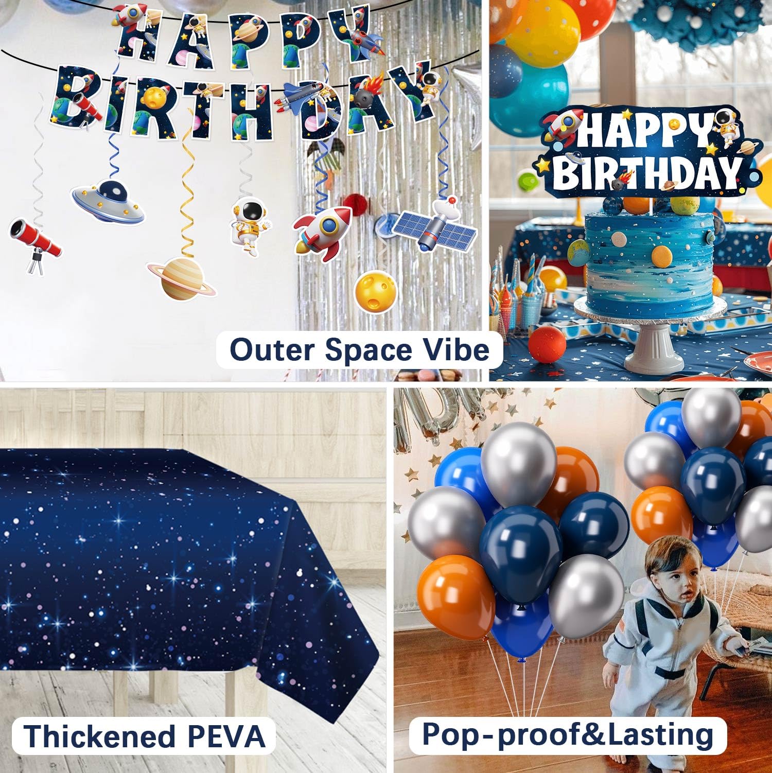 Lopeastar space party kit banner and hanging swirls create festive atmosphere