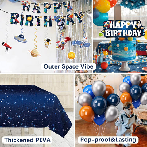 Lopeastar space party kit banner and hanging swirls create festive atmosphere