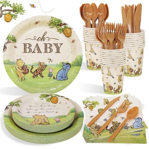Lopeastar Winnie Bear plates showcase vintage Pooh design for a charming baby shower menu