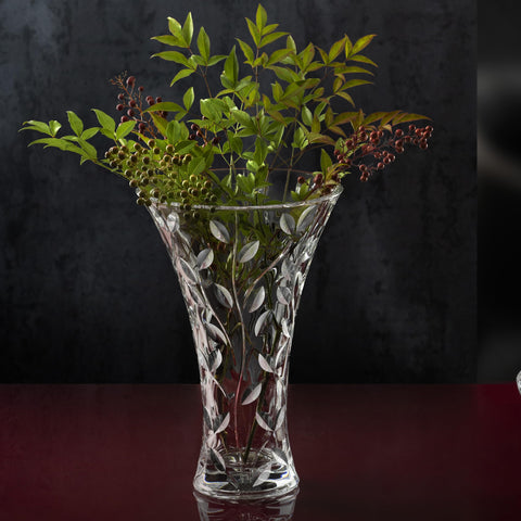 Lorren Crystal Laurus Vase cut crystal close-up highlights intricate leaf detailing