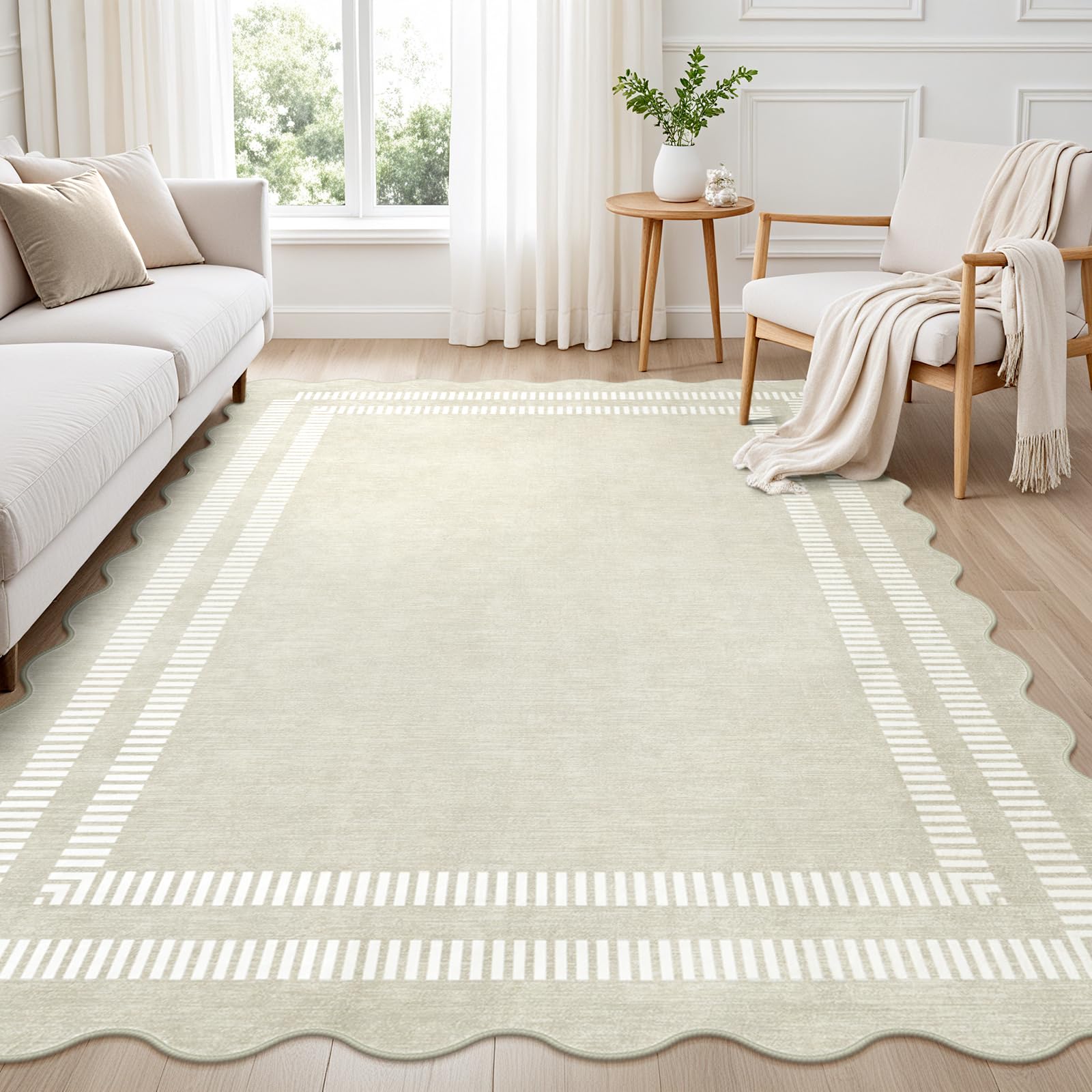 LORWER Area Rug 5x7 in living room with soft beige texture for cozy seating.