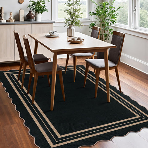 LORWER black geometric rug enhances farmhouse-modern interiors.