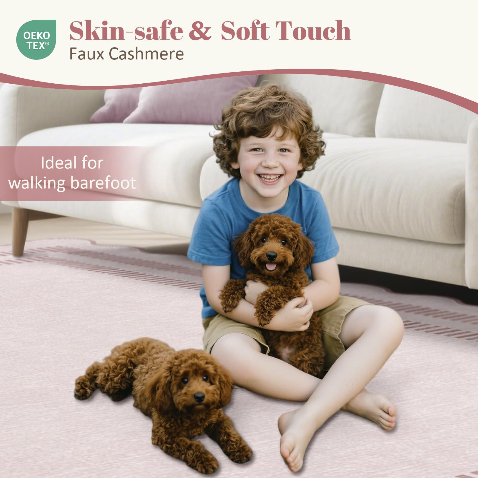 LORWER pink rug enhances living room ambience with warm color.