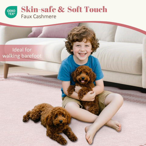 LORWER pink rug enhances living room ambience with warm color.
