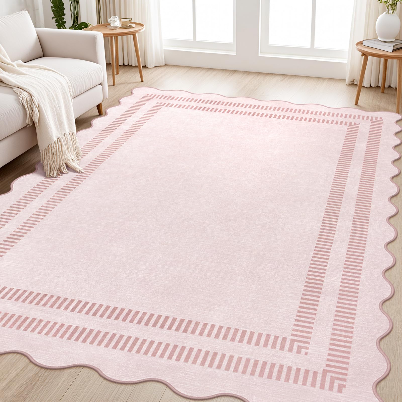 LORWER pink rug in a bedroom with soft touch for cozy lounging.
