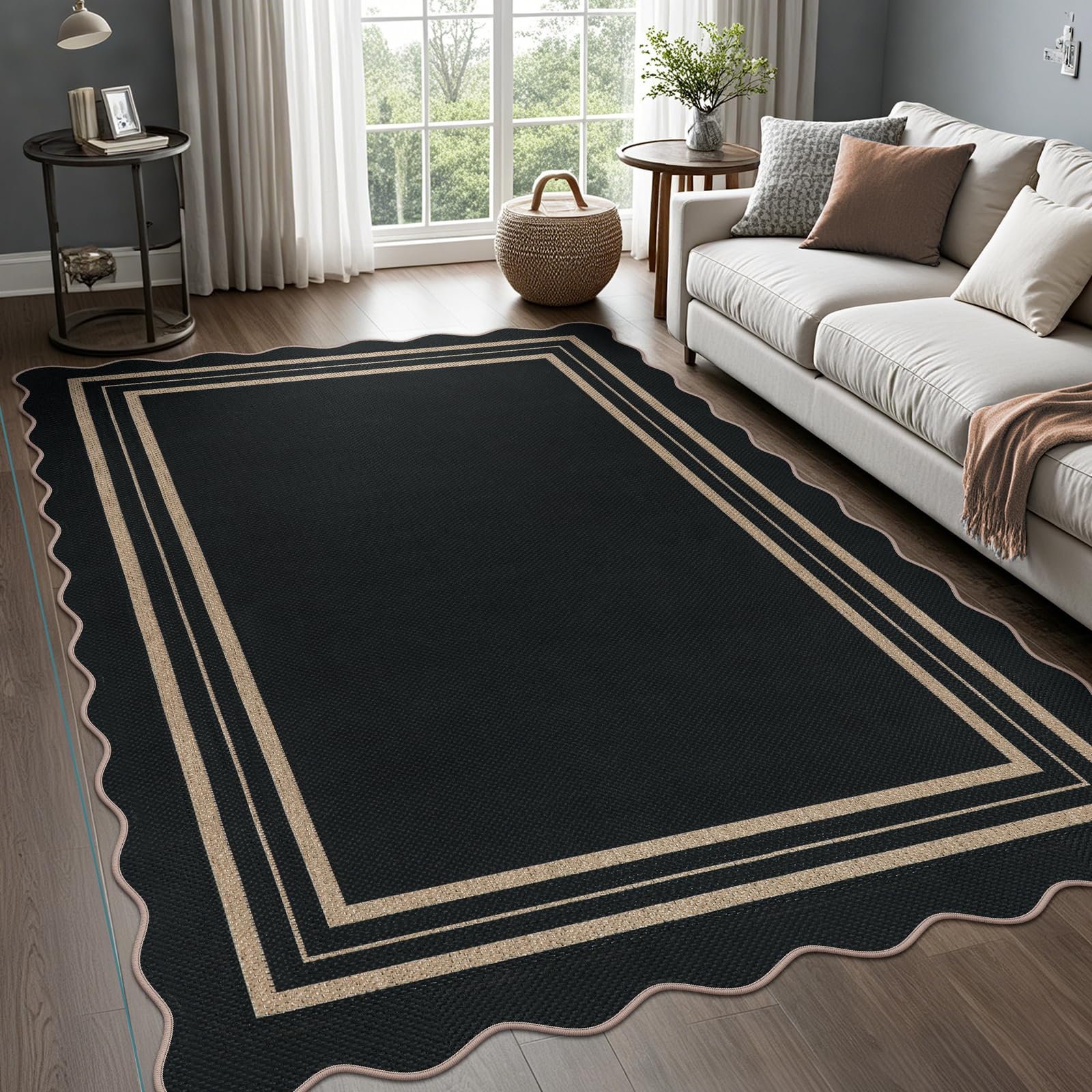 LORWER scalloped 5x7 rug in charcoal black adds cozy texture to living spaces.