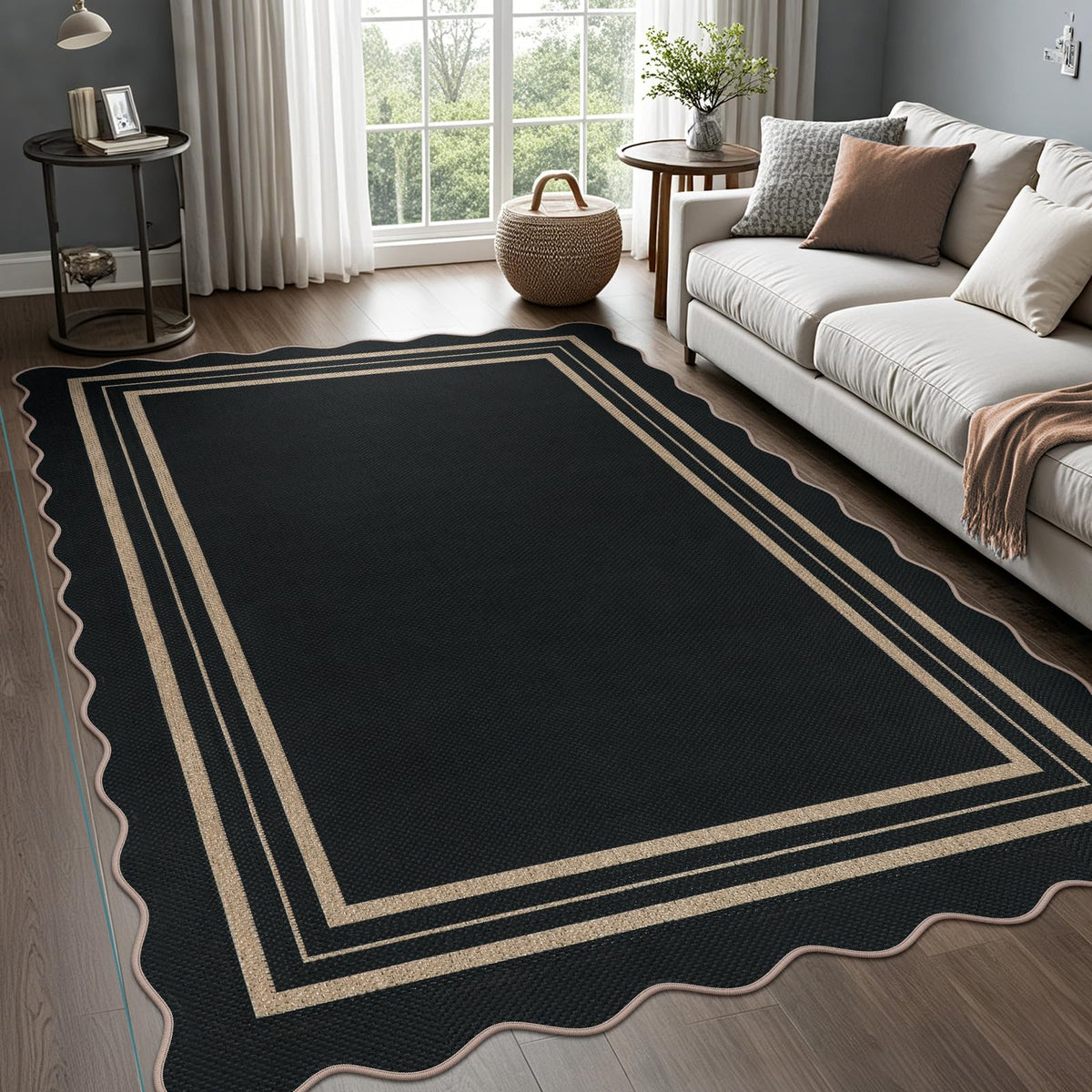 LORWER scalloped 5x7 rug in charcoal black adds cozy texture to living spaces.