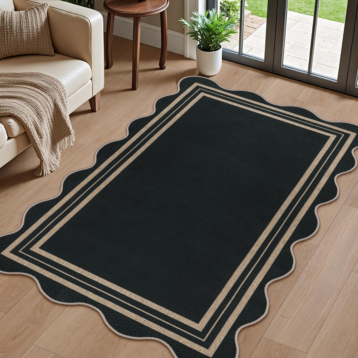 LORWER scalloped easy jute 3x5 rug for front door mat with farmhouse charm.