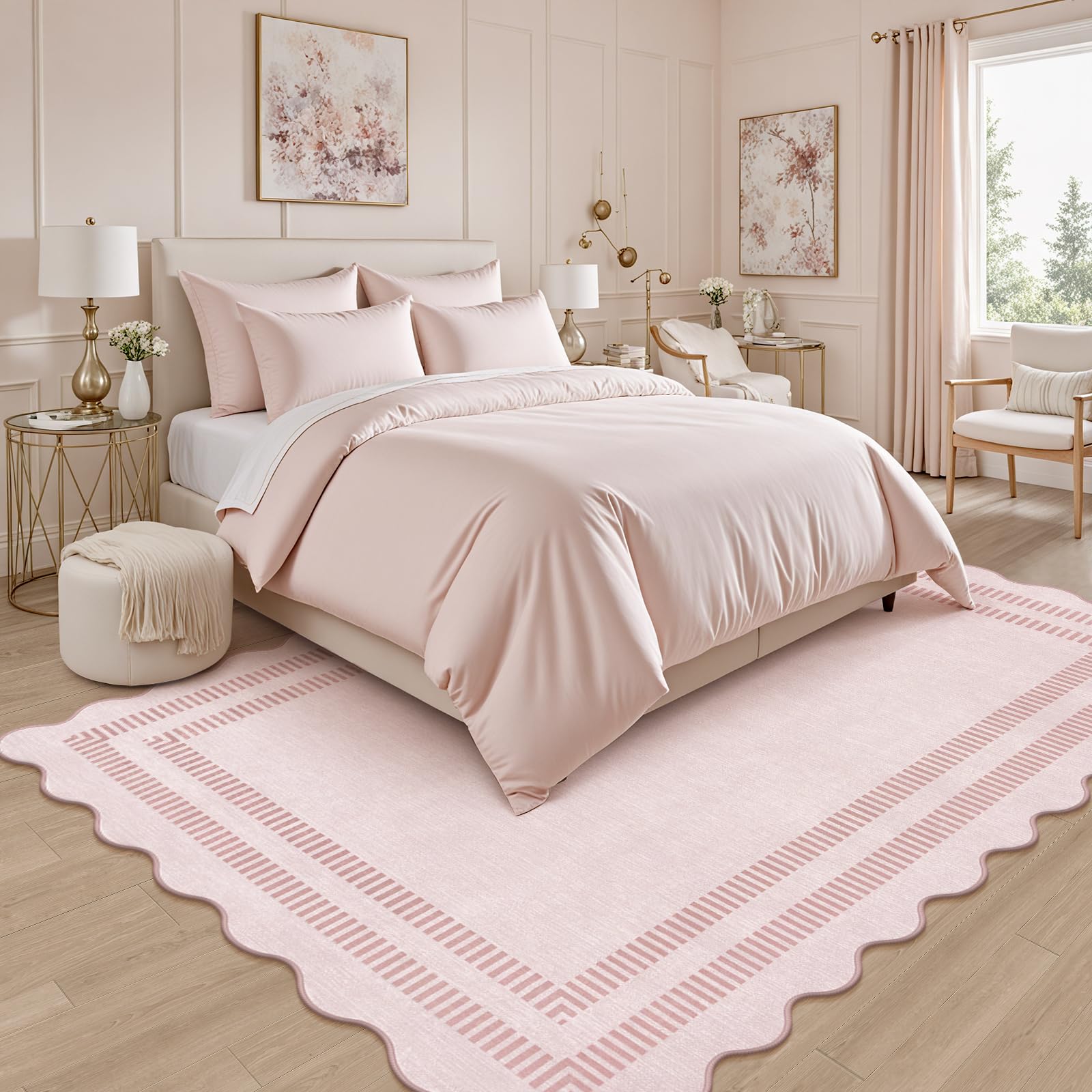 LORWER scalloped-edge rug design detail adds charm to decor.