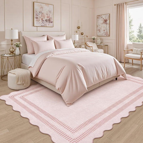 LORWER scalloped-edge rug design detail adds charm to decor.