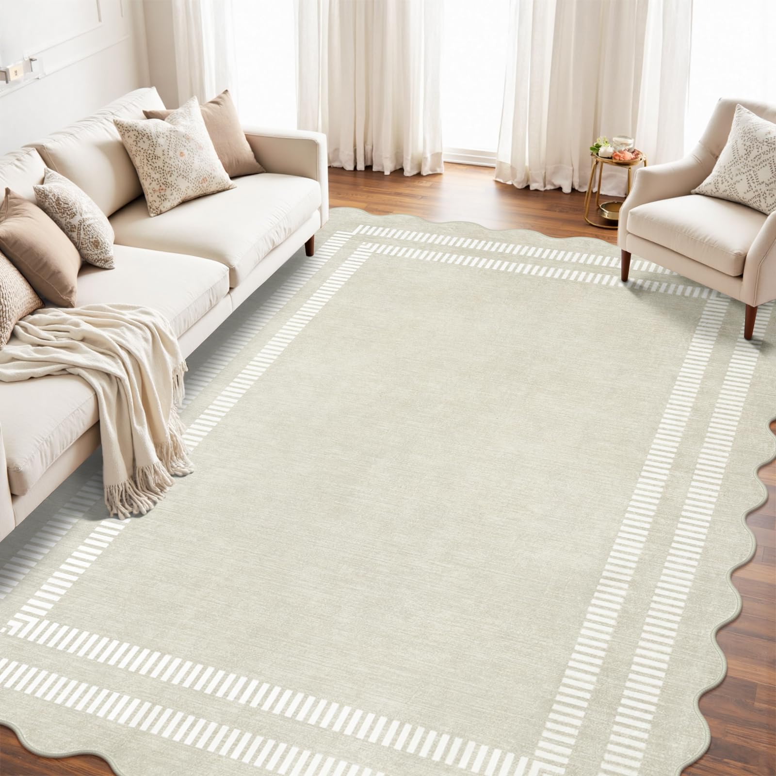 LORWER ivory rug features non-slip backing to help keep high-traffic areas safe.