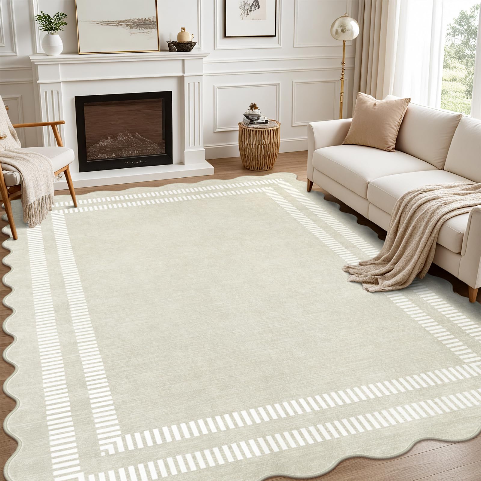 LORWER washable 8x10 ivory rug with scalloped edge adds soft elegance to living rooms.