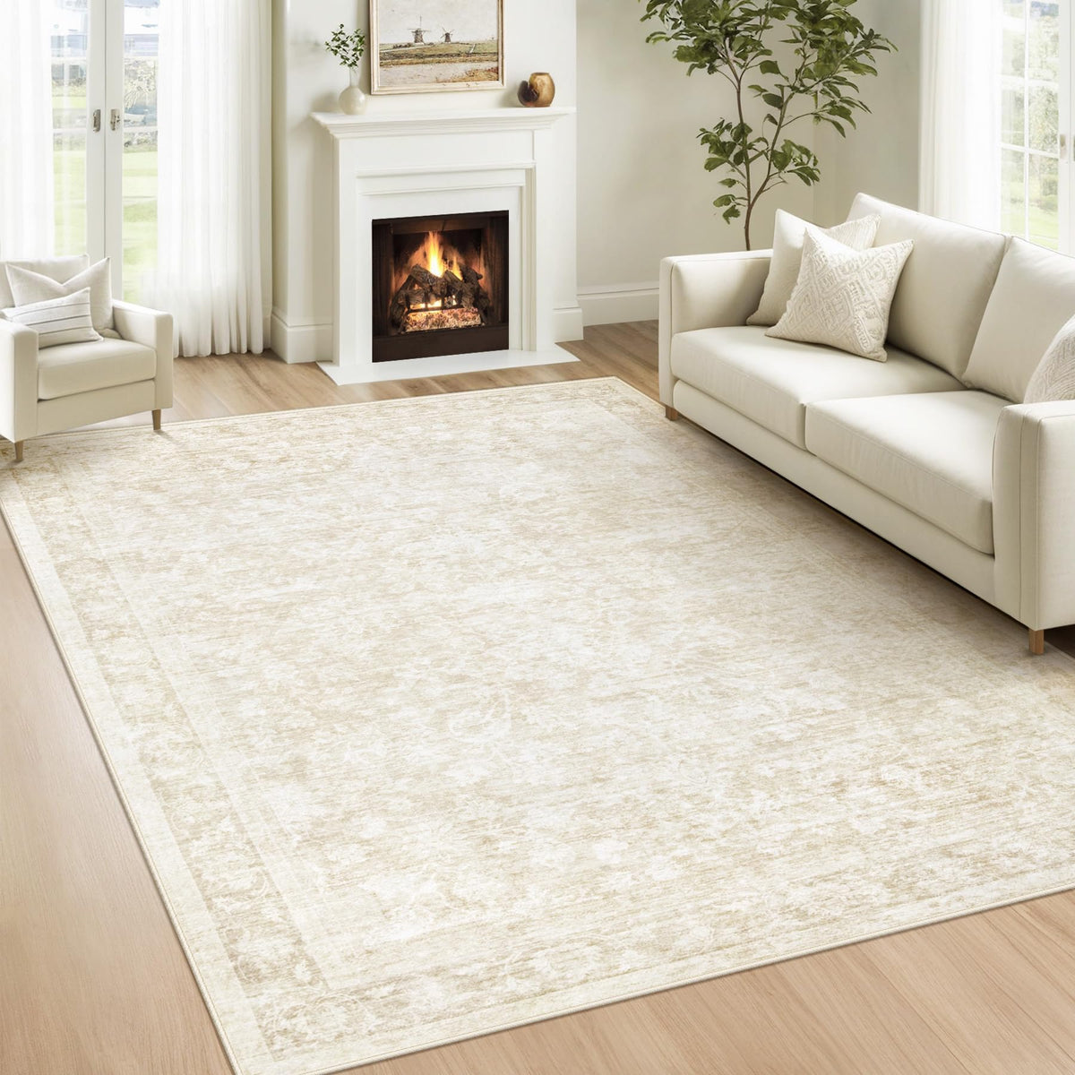Losbulake 5x7 area rug in vintage floral beige with a plush, cozy texture.