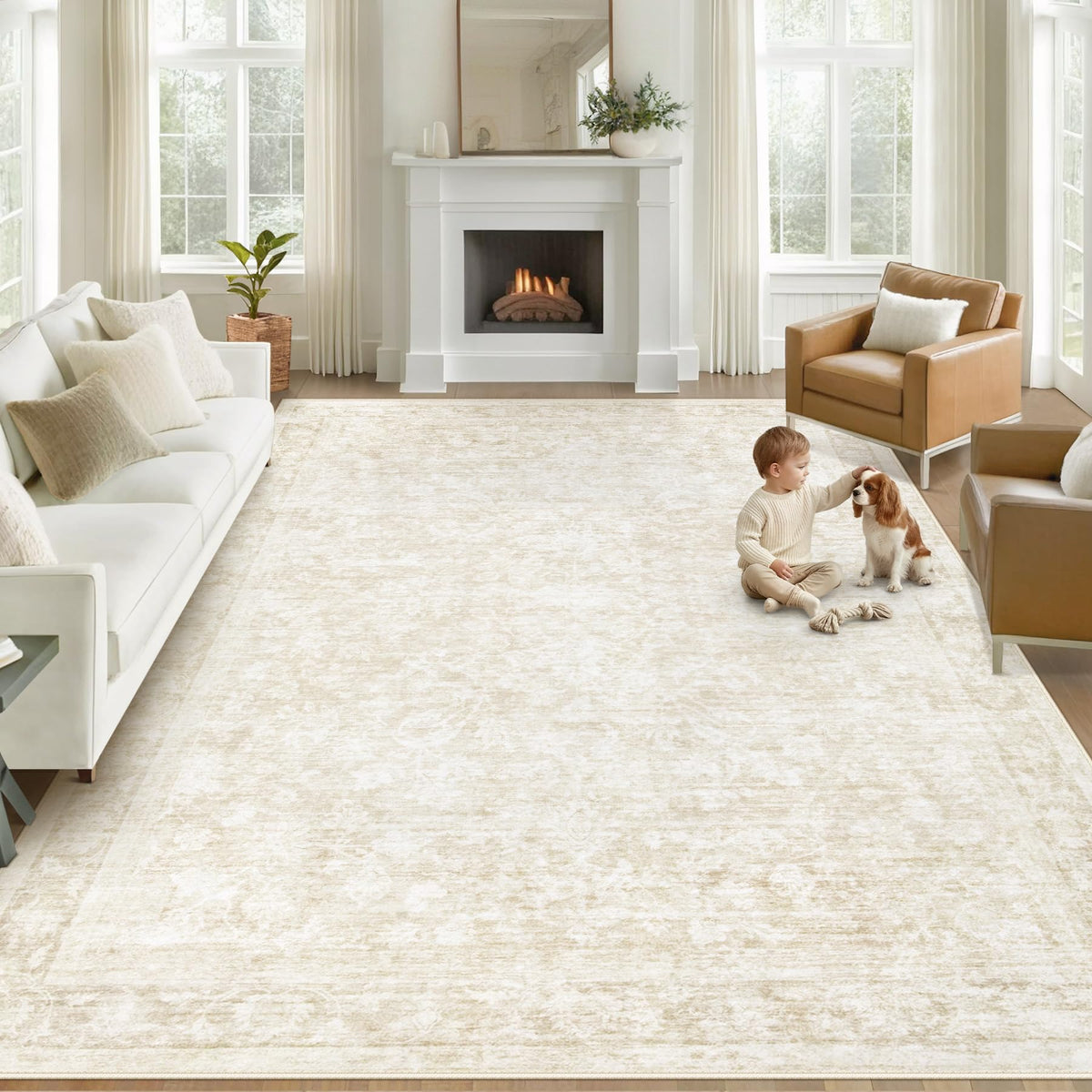 Losbulake 8x10 area rug with beige floral pattern, ideal for living rooms and bedrooms.