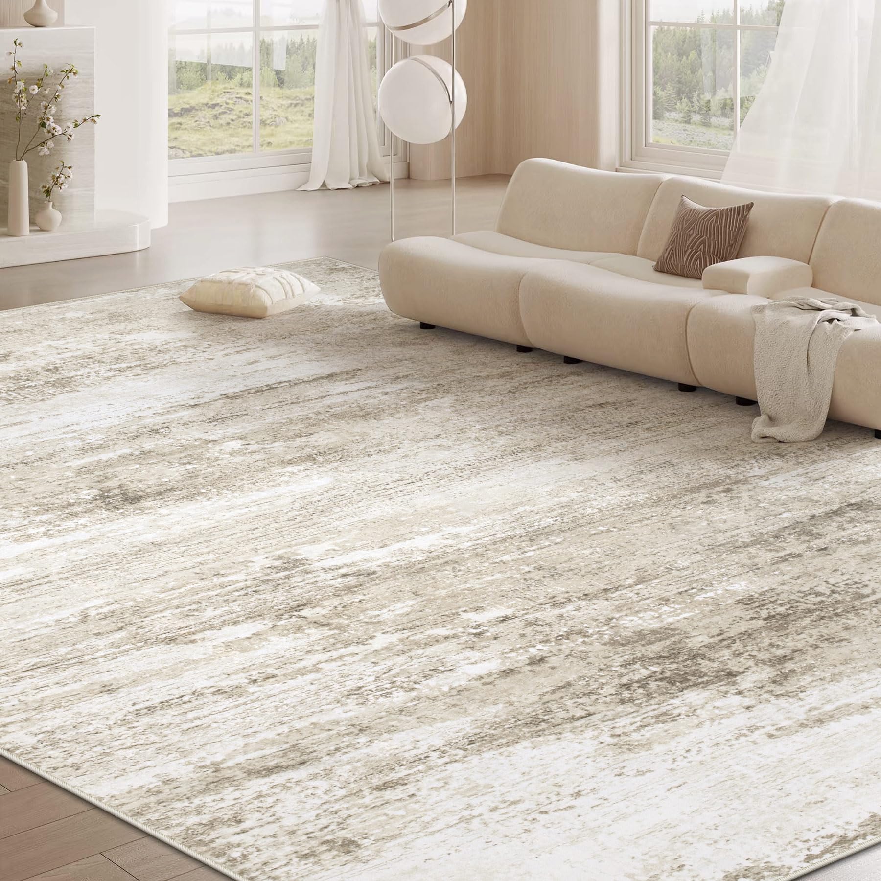 Beige neutral Losbulake rug brightens living and dining areas.